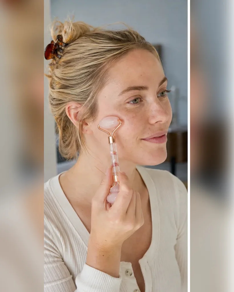 A quiet facial-roller routine with a rose quartz roller