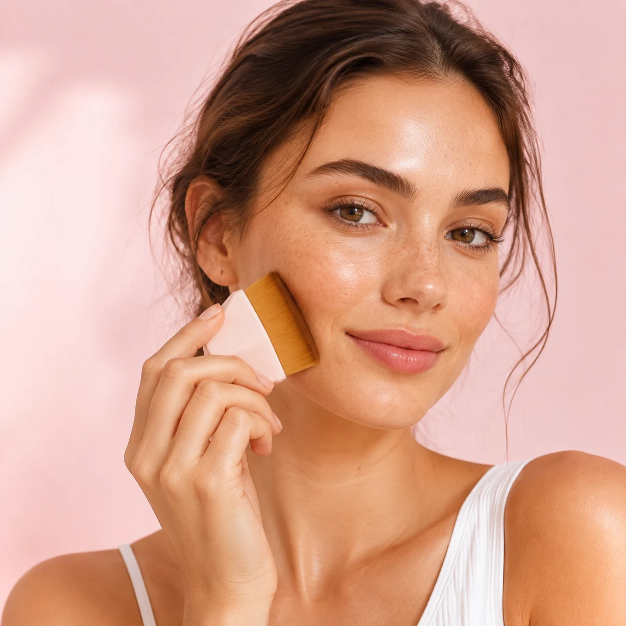 A woman using Esame's soft pink foundation brush